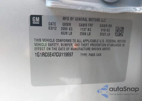 2012 Chevrolet Volt z USA, uszkodzony, nr VIN 1G1RC6E47CU119697